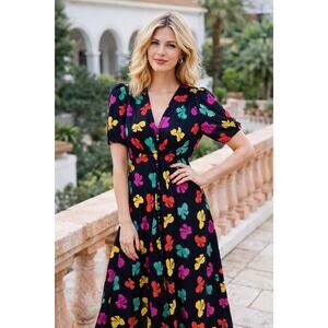 SALONI Multicolor Lea Multi Bow 100% Silk Button Front Dress size US 6